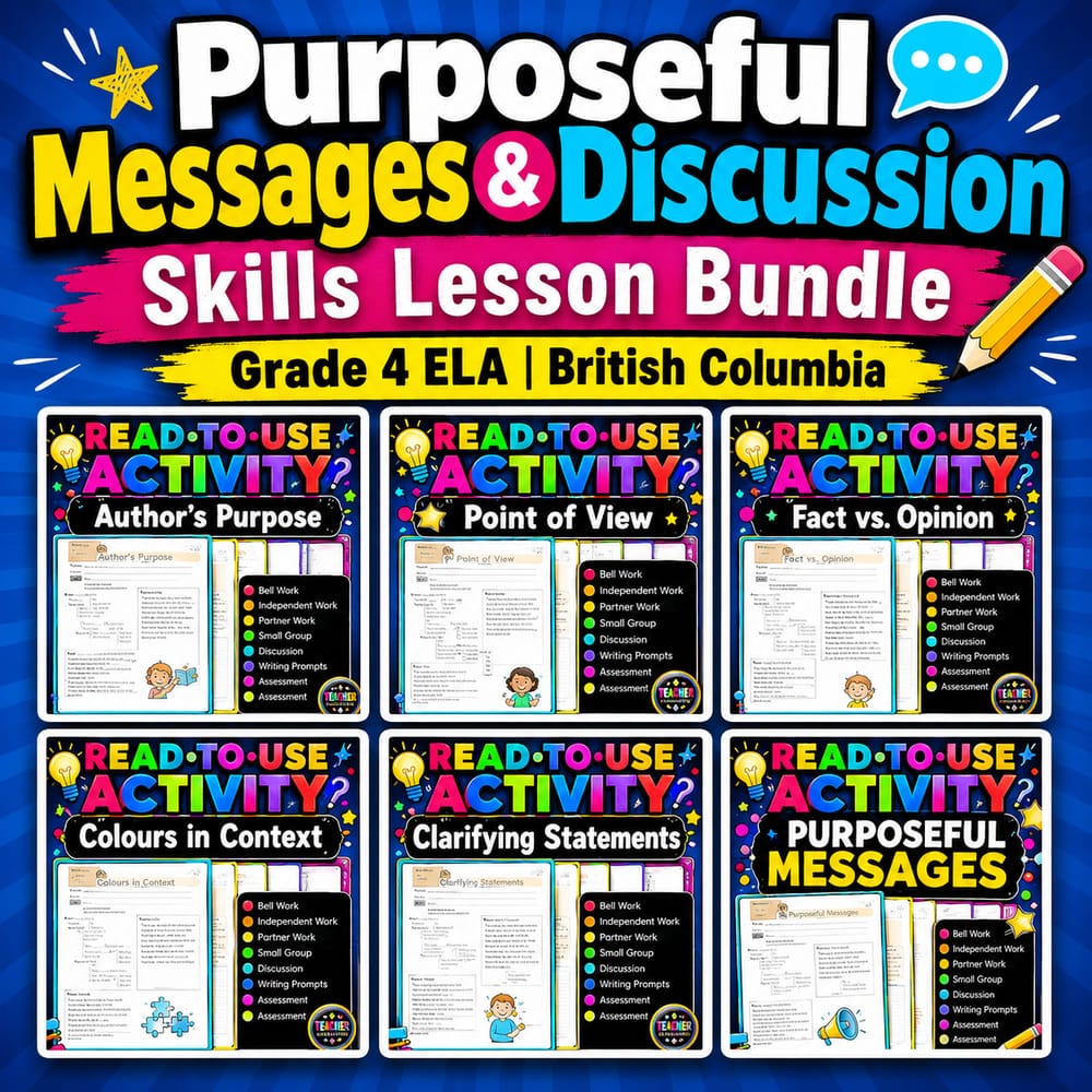 Purposeful Messages & Discussion Skills Lesson Bundle | Grade 4 ELA | British Columbia — bundle cover