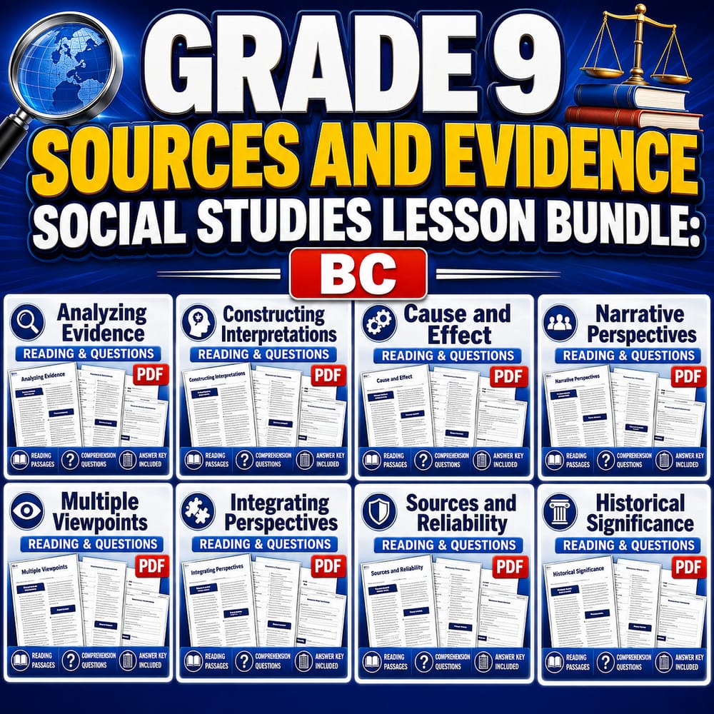 Grade 9 Sources and Evidence Social Studies Lesson Bundle: BC — bundle cover