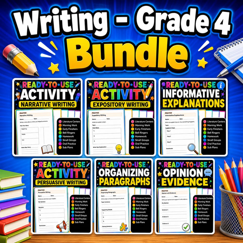 Grade 4 Writing Lesson Bundle | ELA Common Core (CCSS) Aligned — bundle cover