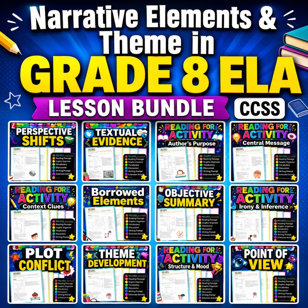 Narrative Elements & Theme in Grade 8 ELA Lesson Bundle | CCSS — bundle cover