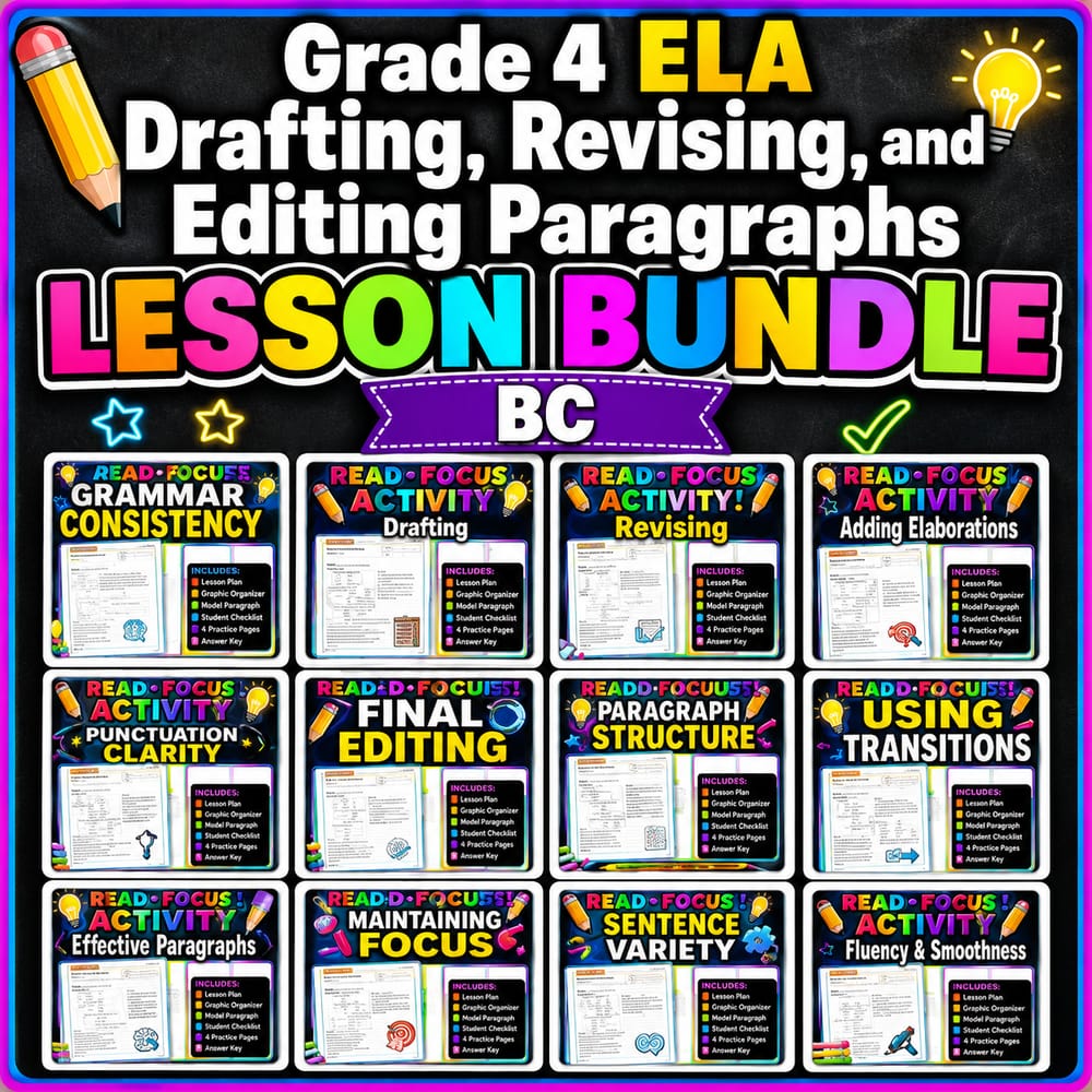 Grade 4 ELA Drafting, Revising, and Editing Paragraphs Lesson Bundle | BC — bundle cover