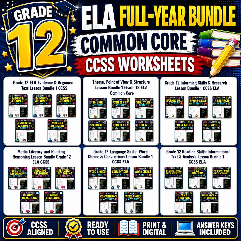 Grade 12 ELA Full-Year Bundle | Common Core CCSS Worksheets — bundle cover
