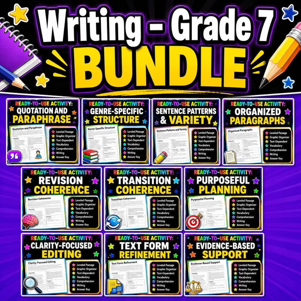 Grade 7 Writing Lesson Bundle | Alberta ELA Framework for Revision — bundle cover