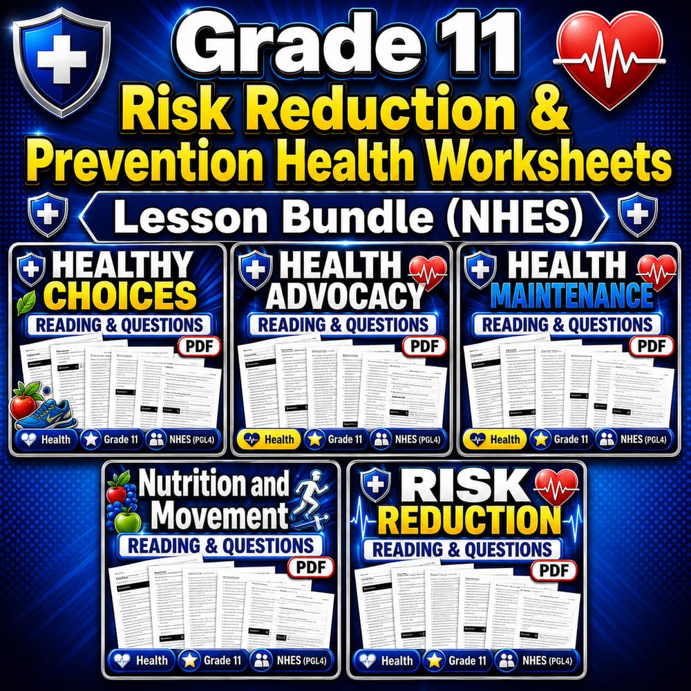 Grade 11 Risk Reduction & Prevention Health Worksheets Lesson Bundle (NHES) — bundle cover