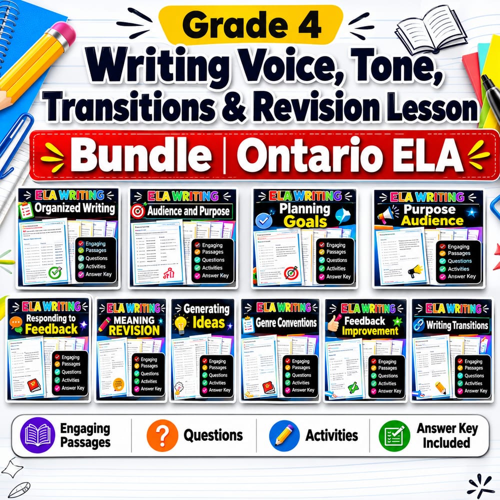 Grade 4 Writing Voice, Tone, Transitions & Revision Lesson Bundle | Ontario ELA — bundle cover