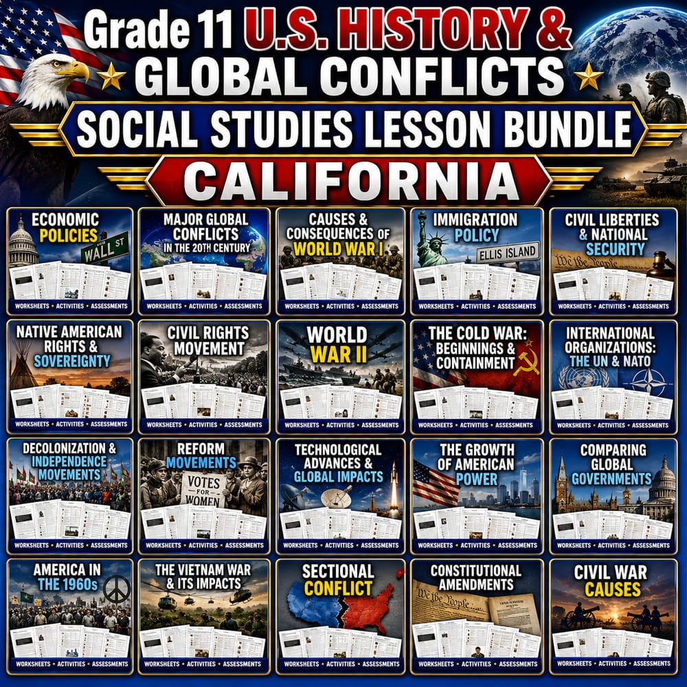 Grade 11 U.S. History & Global Conflicts Social Studies Lesson Bundle California — bundle cover