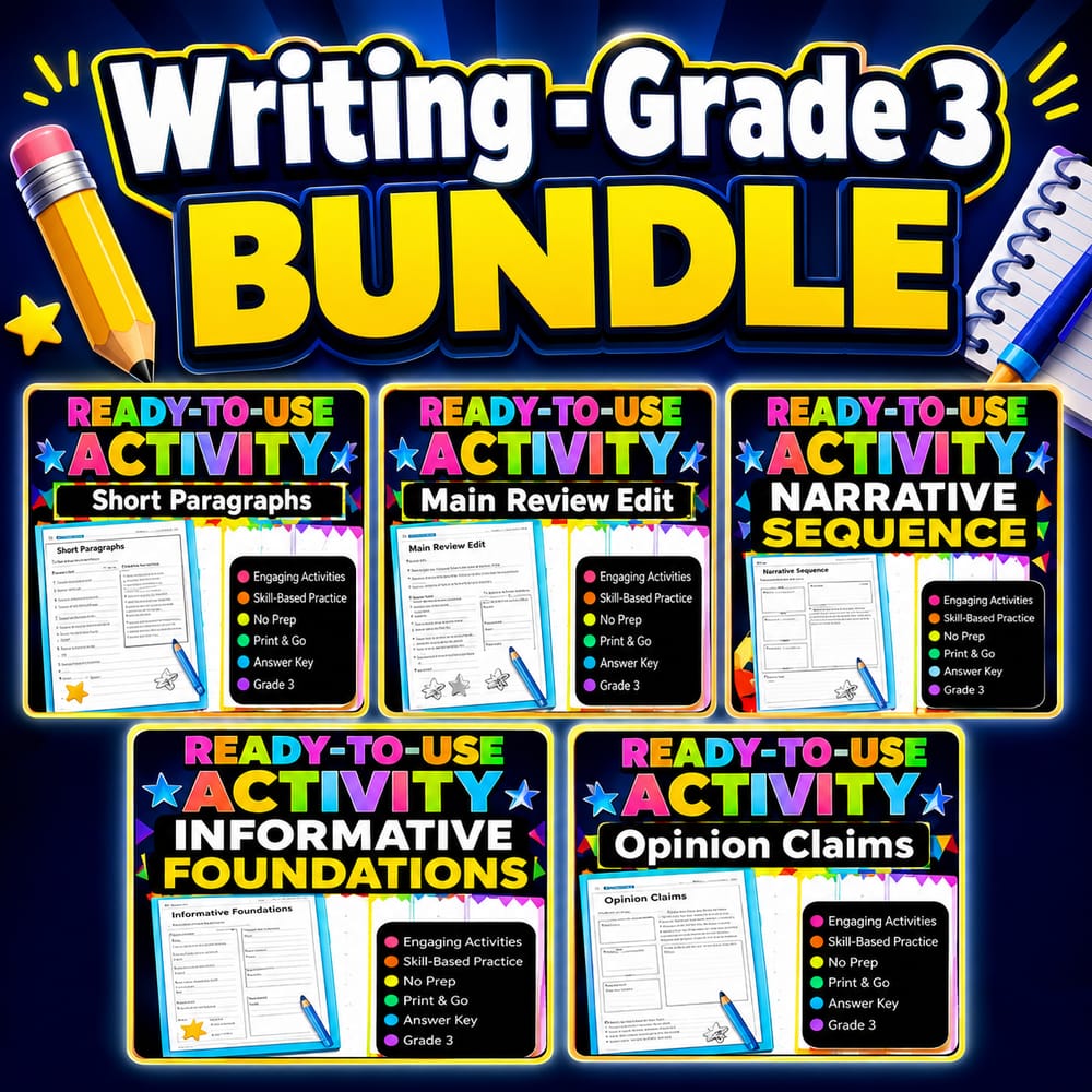 Grade 3 Writing Lesson Bundle — ELA Common Core CCSS Aligned — bundle cover