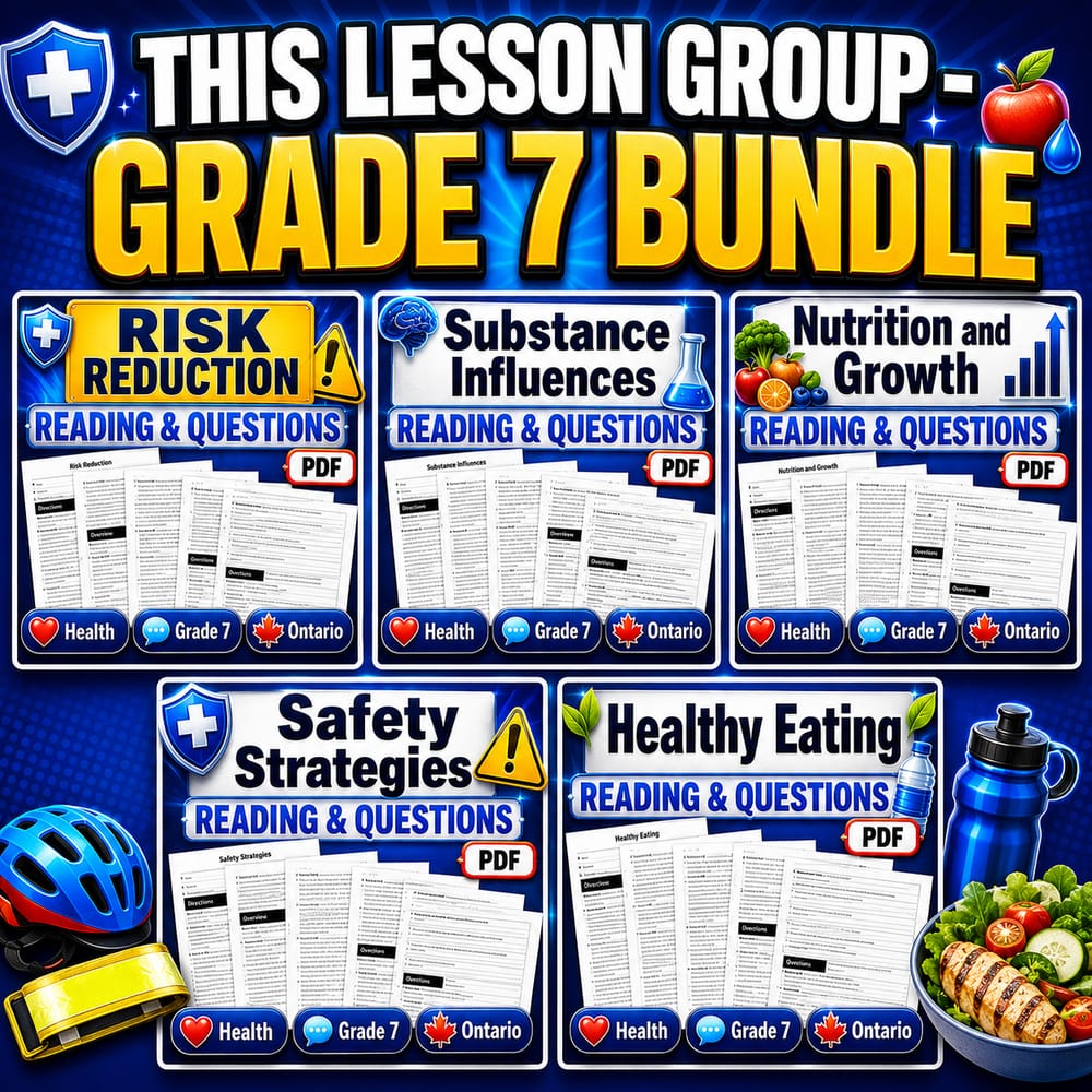 Grade 7 Healthy Living Health Lesson Bundle Worksheet Set – Ontario — bundle cover