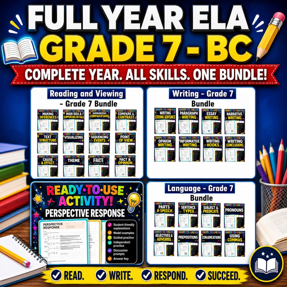 Grade 7 ELA Worksheets Full-Year Bundle | BC — bundle cover