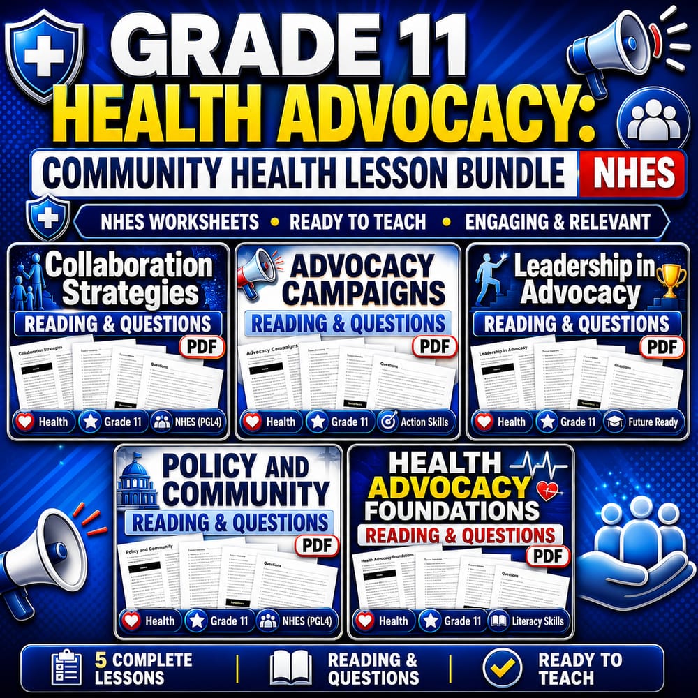 Grade 11 Health Advocacy: Community Health Lesson Bundle | NHES Worksheets — bundle cover