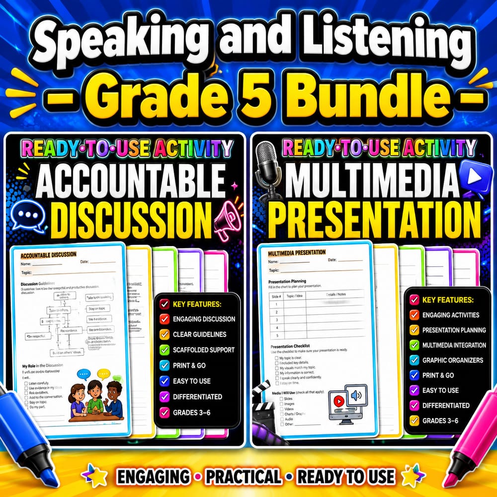 Grade 5 ELA Multimedia Presentation & Accountable Discussion Lesson Bundle | Common Core — bundle cover