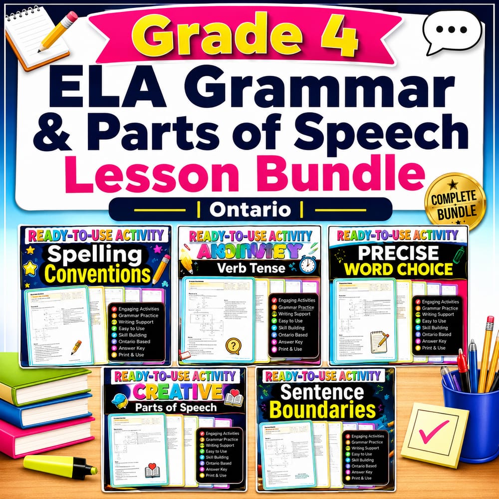 Grade 4 ELA Grammar & Parts of Speech Lesson Bundle | Ontario — bundle cover