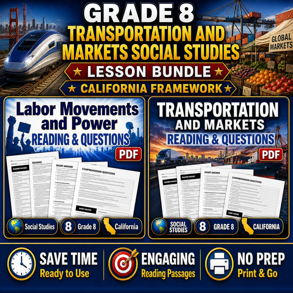 Grade 8 Transportation and Markets Social Studies Lesson Bundle California — bundle cover
