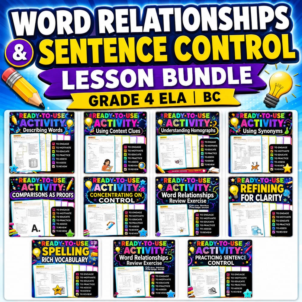 Word Relationships & Sentence Control Lesson Bundle | Grade 4 ELA | BC — bundle cover