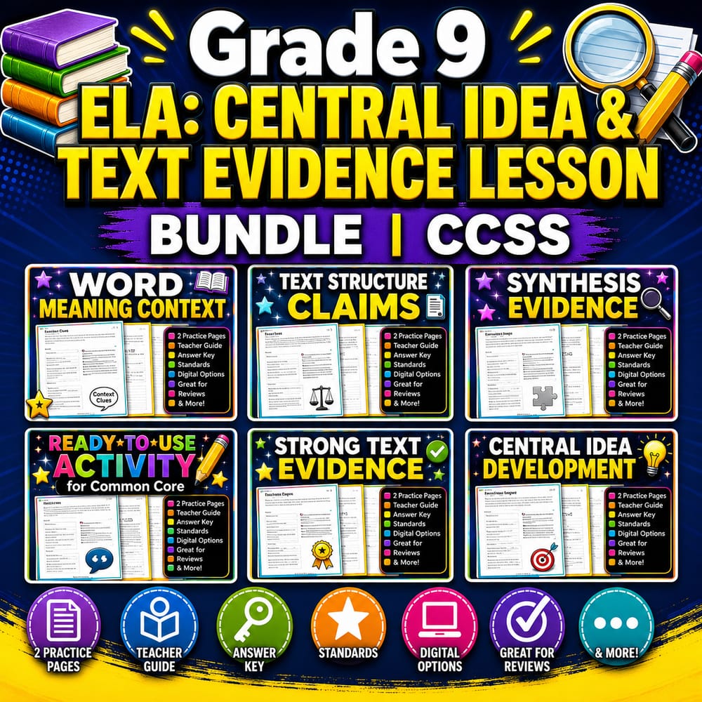 Grade 9 ELA: Central Idea & Text Evidence Lesson Bundle | CCSS — bundle cover