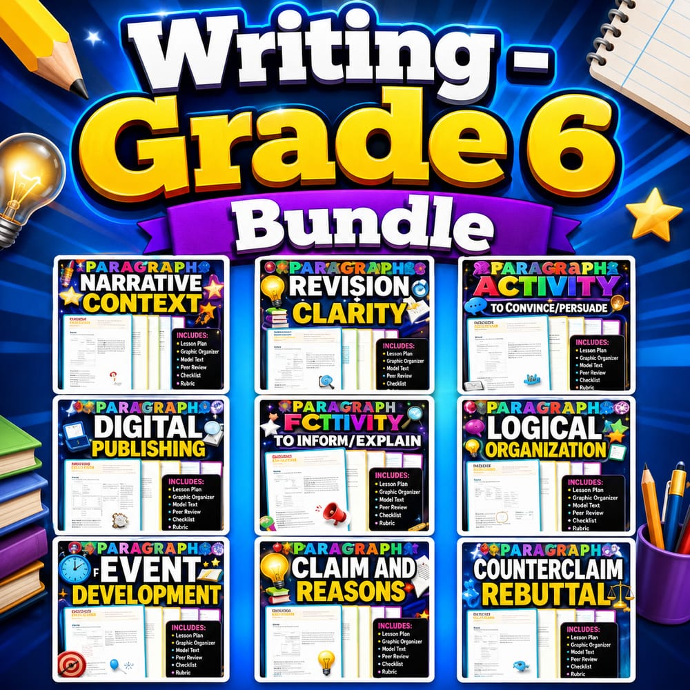 Grade 6 Writing Lesson Bundle | General ELA | Editing, Narrative, Argument — bundle cover