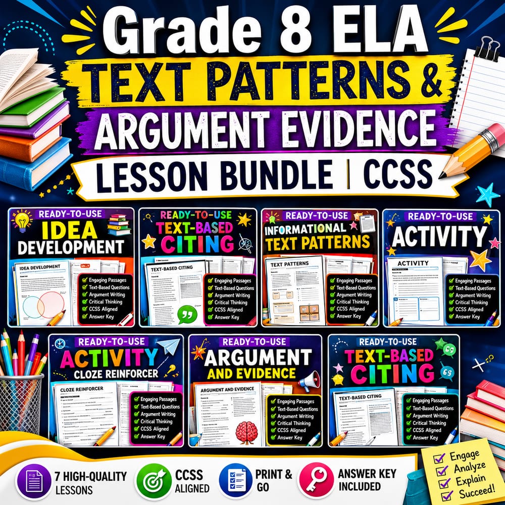 Grade 8 ELA Text Patterns & Argument Evidence Lesson Bundle | CCSS — bundle cover