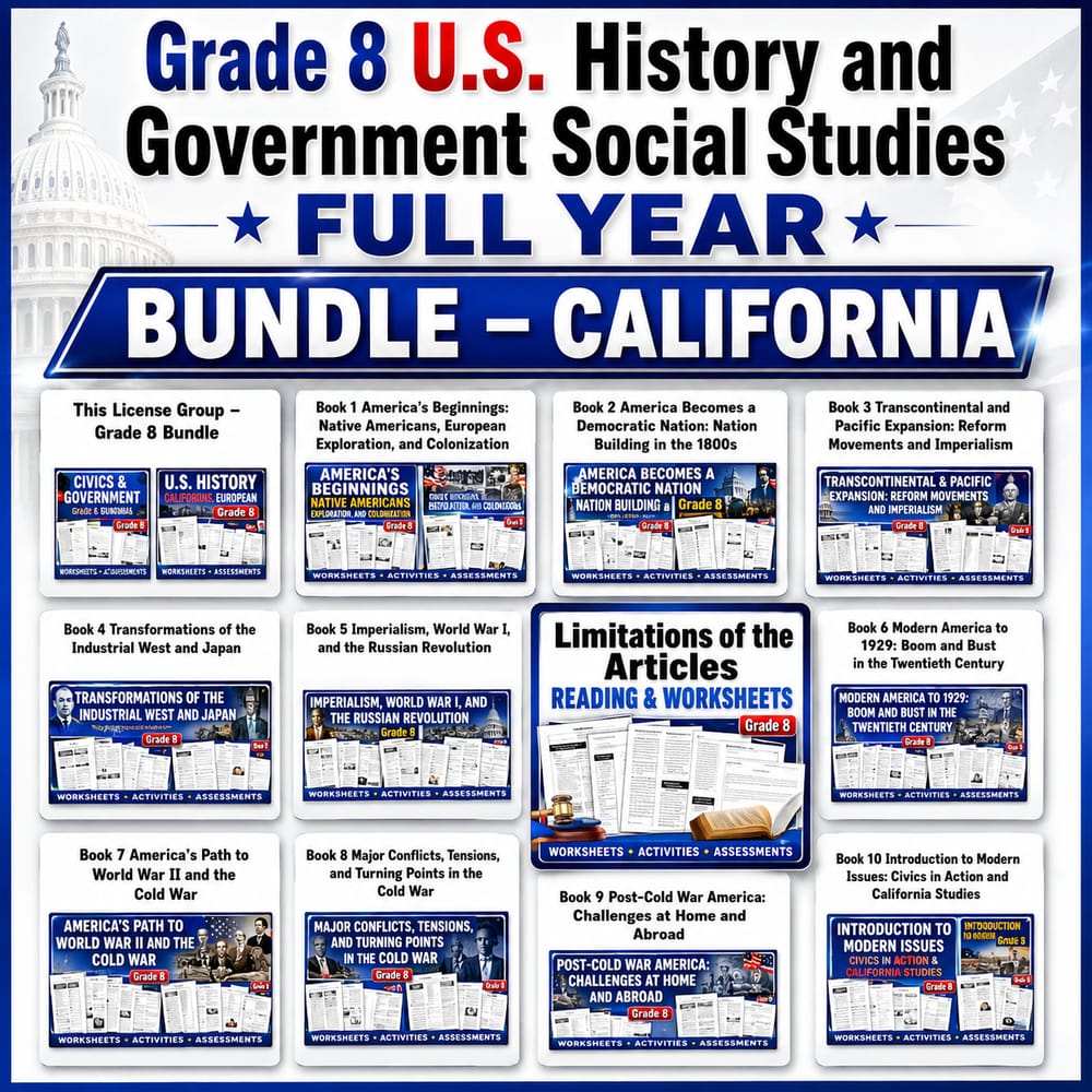 Grade 8 U.S. History and Government Social Studies Full Year Bundle – California — bundle cover