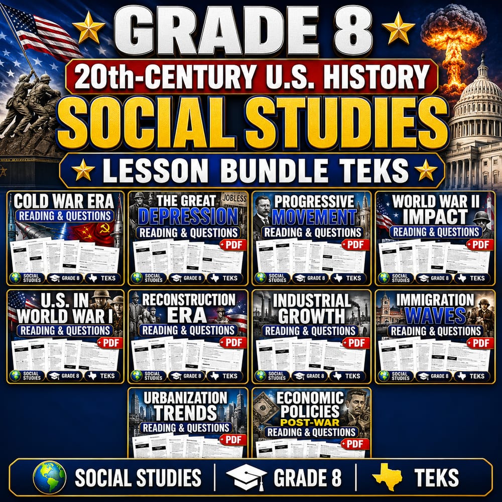 Grade 8 20th-Century U.S. History Social Studies Lesson Bundle TEKS — bundle cover