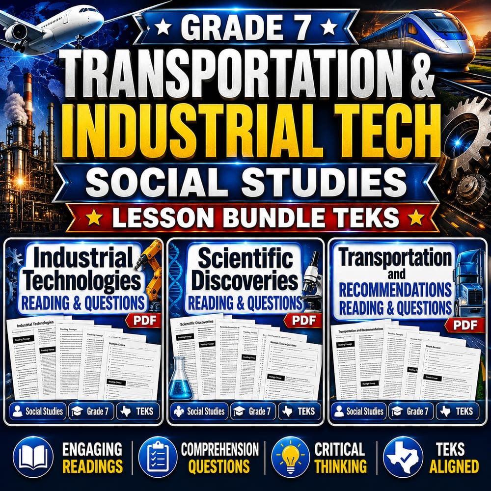 Grade 7 Transportation & Industrial Tech Social Studies Lesson Bundle TEKS — bundle cover