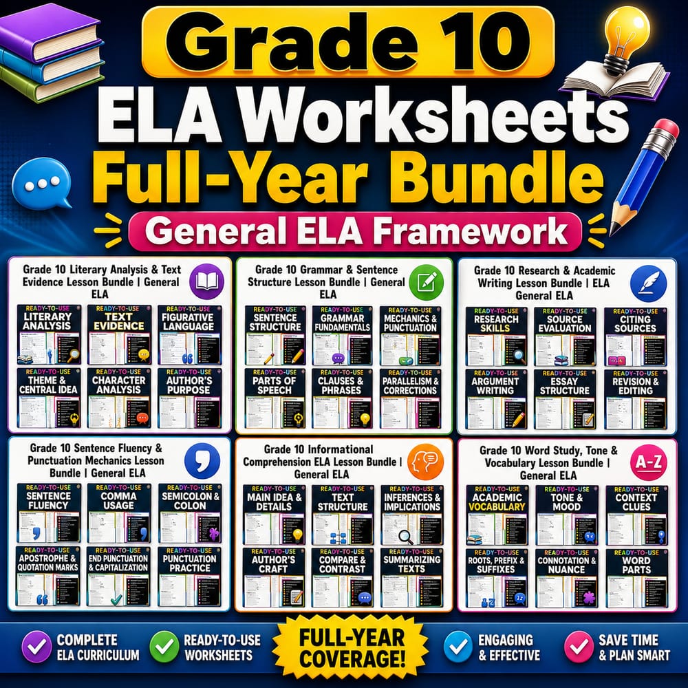 Grade 10 ELA Worksheets Full-Year Bundle | General ELA Framework — bundle cover