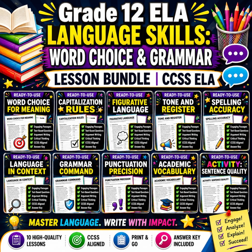 Grade 12 Language Skills: Word Choice & Grammar Lesson Bundle | CCSS ELA — bundle cover