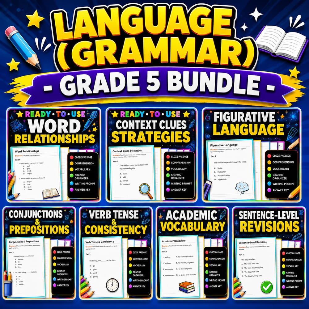 Grade 5 ELA Word Study, Grammar & Vocabulary Lesson Bundle | CCSS — bundle cover