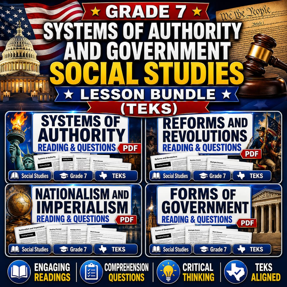 Grade 7 Systems of Authority and Government Social Studies Lesson Bundle (TEKS) — bundle cover