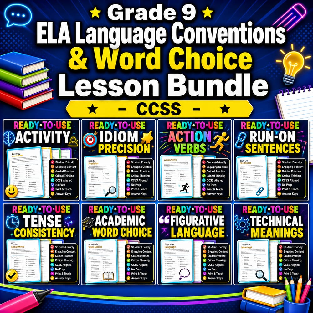 Grade 9 ELA Language Conventions & Word Choice Lesson Bundle | CCSS — bundle cover