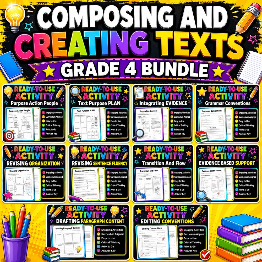 Transitions, Purpose & Evidence Paragraph Writing Lesson Bundle – Grade 4 ELA Alberta — bundle cover