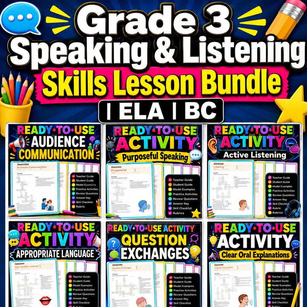 Grade 3 Speaking & Listening Skills Lesson Bundle | ELA | BC — bundle cover