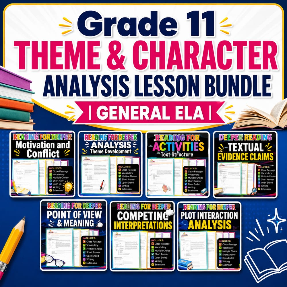 Grade 11 Theme & Character Analysis Lesson Bundle | General ELA — bundle cover