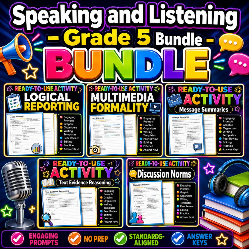 Grade 5 Text Evidence, Summaries & Discussion Norms Lesson Bundle | General ELA — bundle cover
