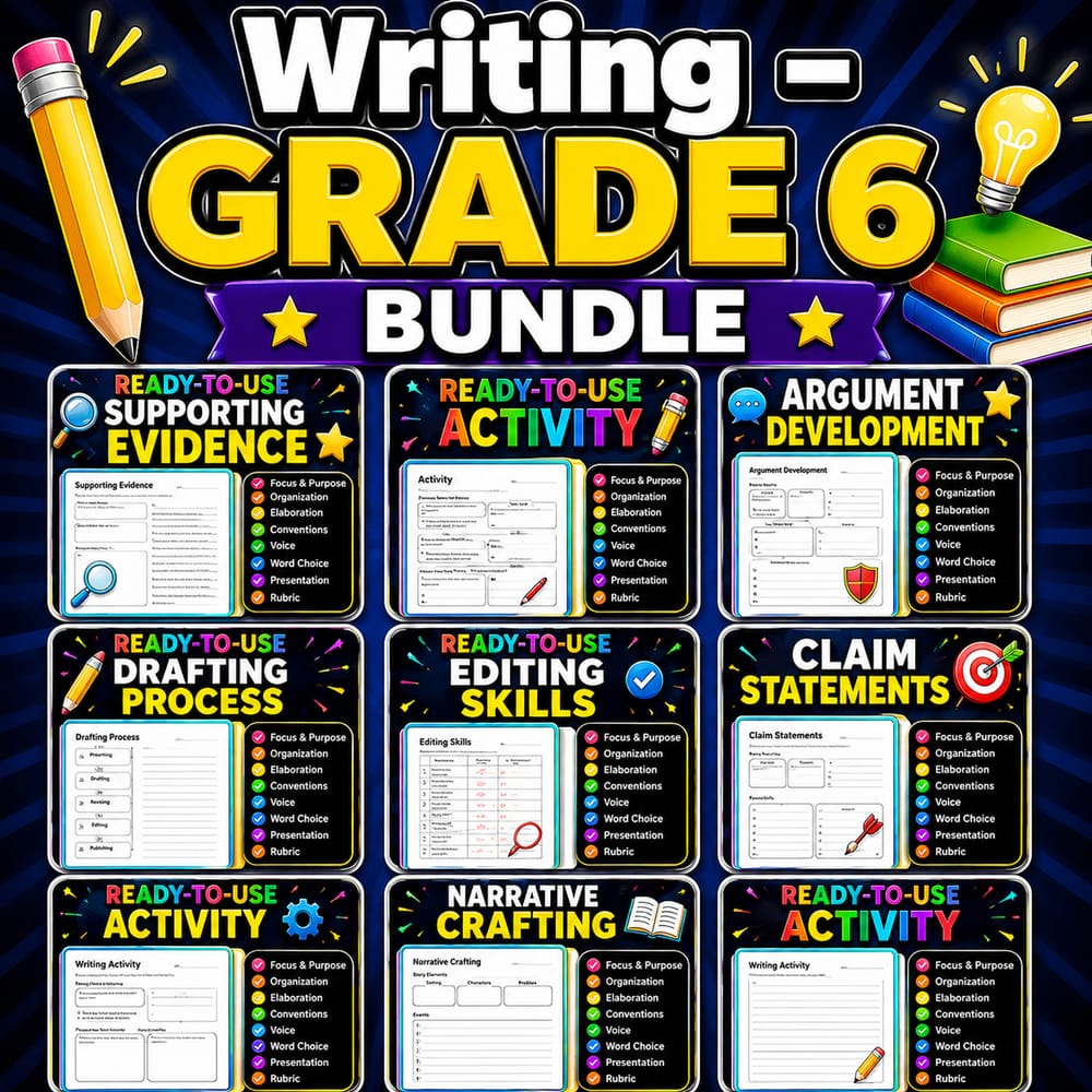 Grade 6 ELA Writing Lesson Bundle: Argument, Narrative & Informative CCSS — bundle cover