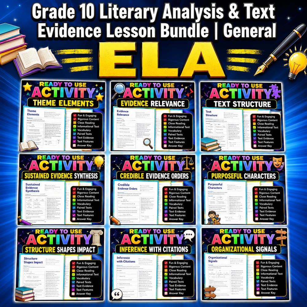 Grade 10 Literary Analysis & Text Evidence Lesson Bundle | General ELA — bundle cover