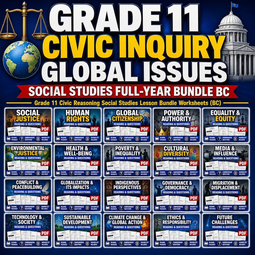 Grade 11 Civic Inquiry Global Issues Social Studies Full-Year Bundle BC — bundle cover