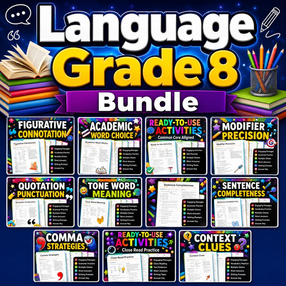 Language Grade 8 Lesson Bundle | General ELA Grammar & Vocabulary Skills — bundle cover