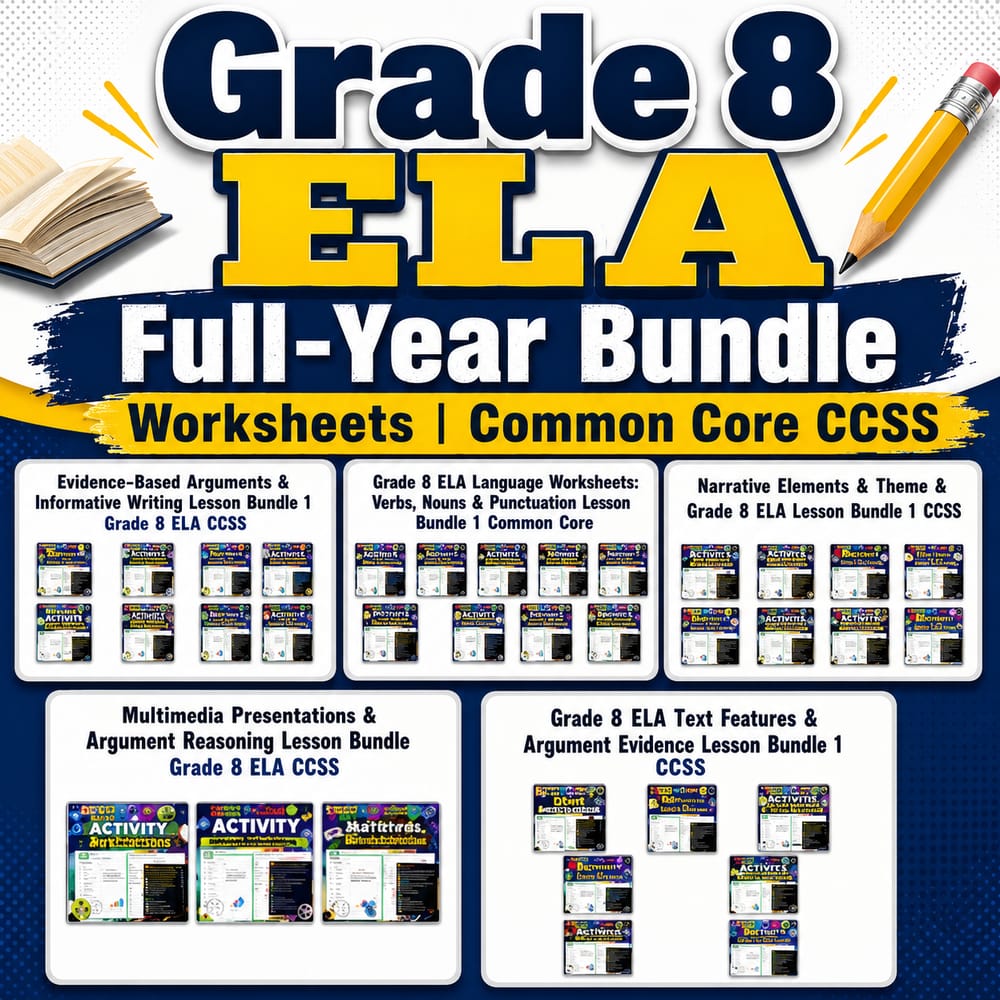 Grade 8 ELA Full-Year Bundle Worksheets | Common Core CCSS — bundle cover