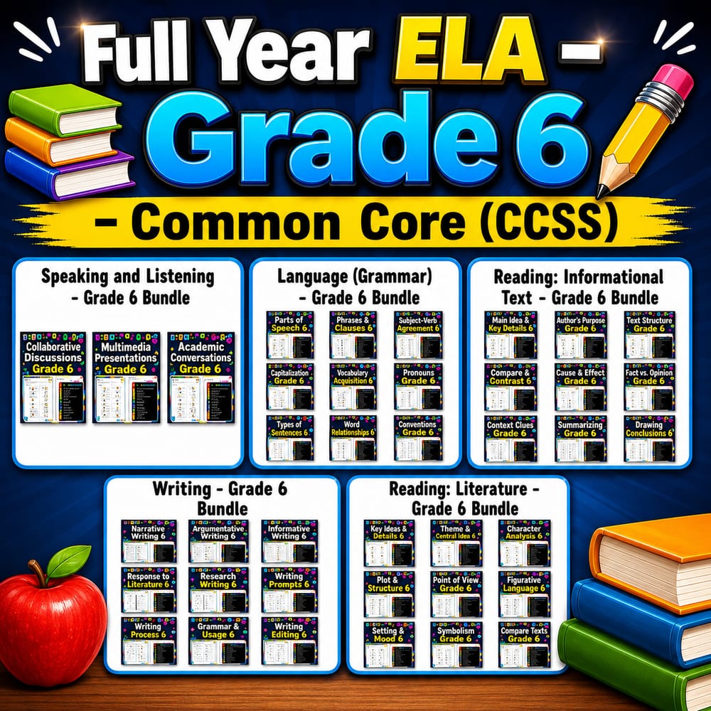 Grade 6 ELA Full-Year Worksheet Bundle | Common Core CCSS — bundle cover