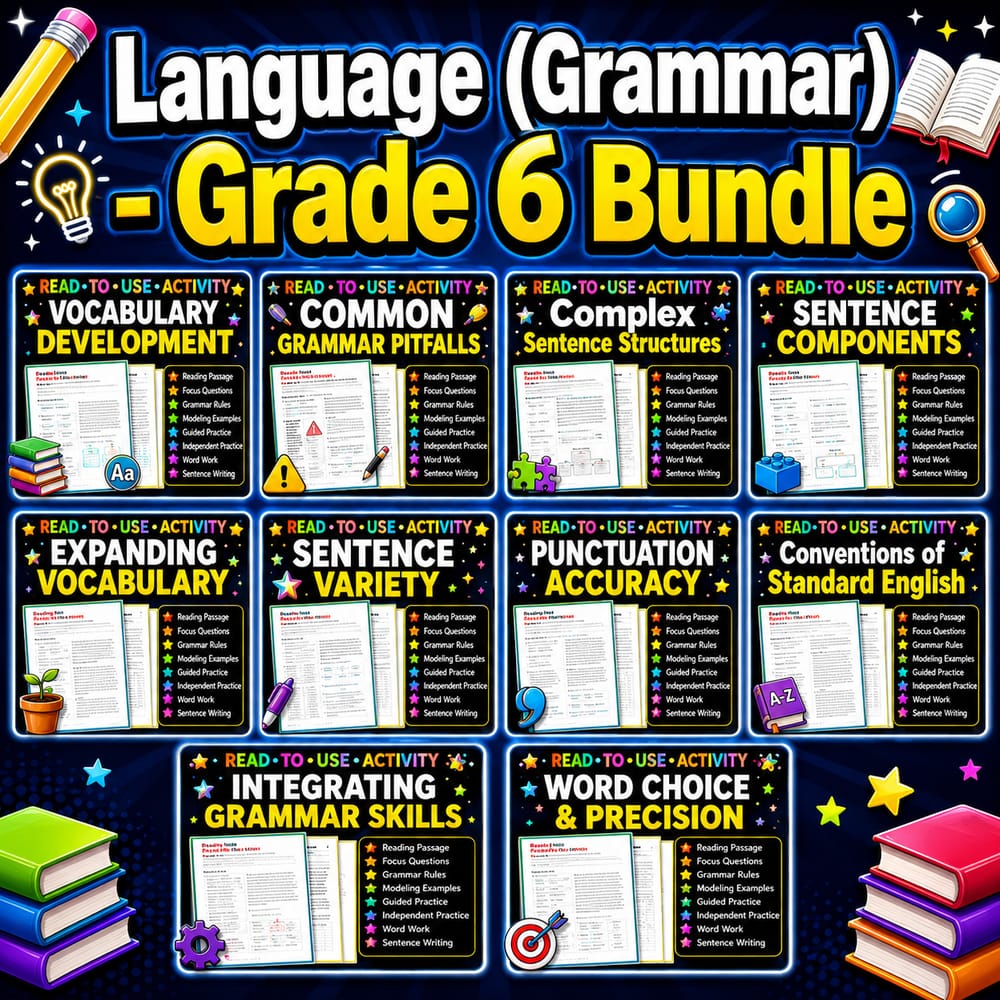 Grade 6 ELA Word Choice, Grammar & Sentence Variety Lesson Bundle | Common Core — bundle cover