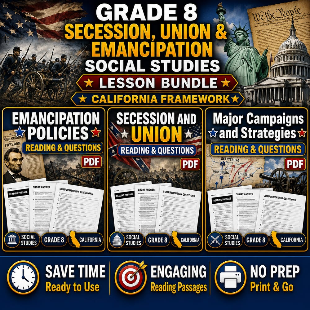 Grade 8 Secession, Union & Emancipation Social Studies Lesson Bundle (California) — bundle cover