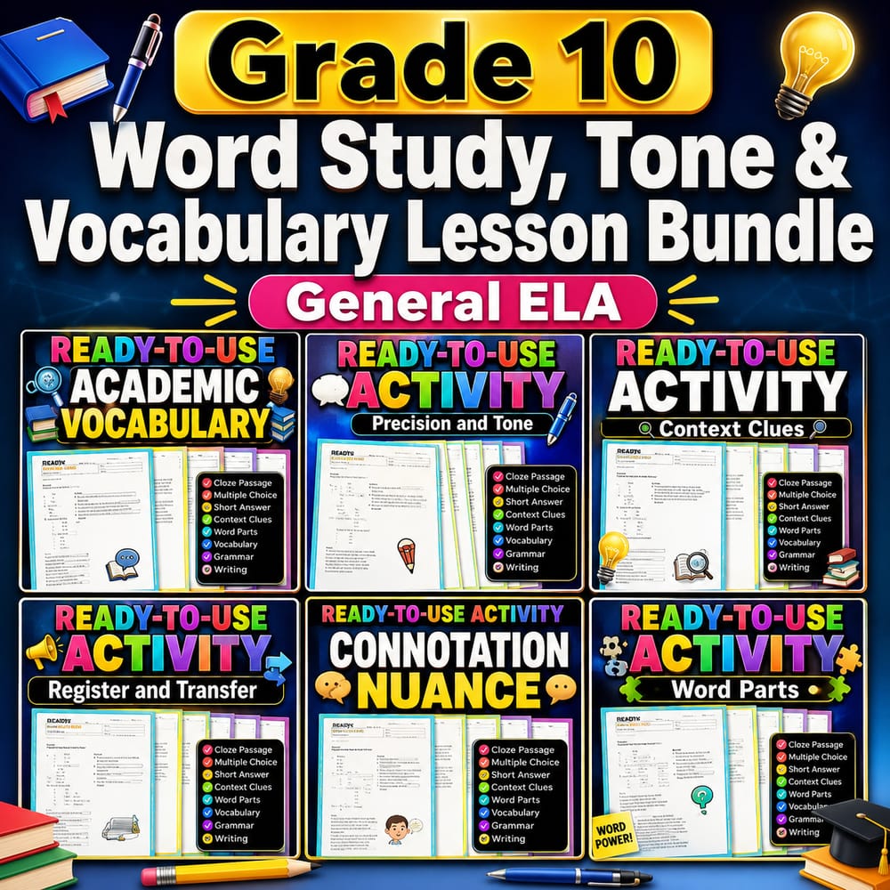 Grade 10 Word Study, Tone & Vocabulary Lesson Bundle | General ELA — bundle cover
