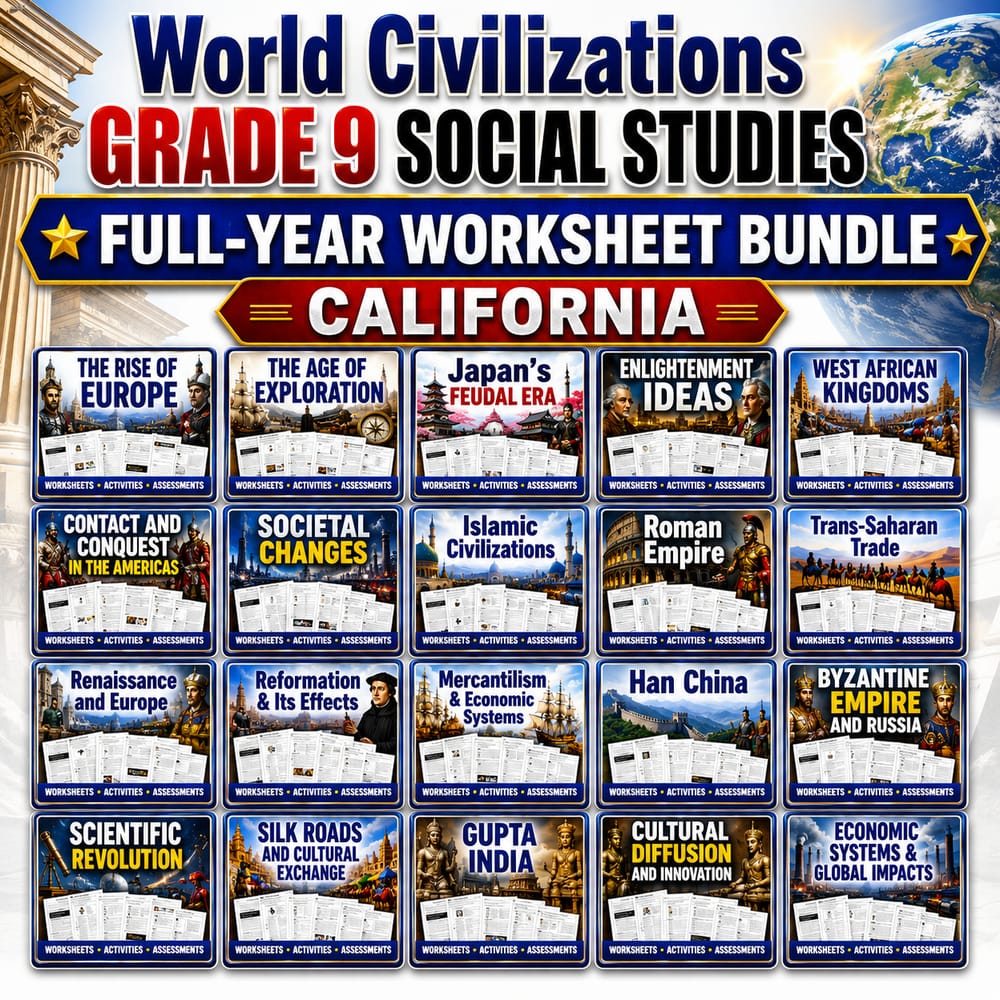 World Civilizations Grade 9 Social Studies Full-Year Worksheet Bundle | California — bundle cover