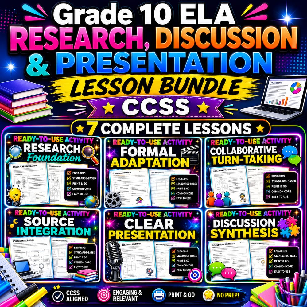 Grade 10 ELA Research, Discussion & Presentation Lesson Bundle | CCSS — bundle cover