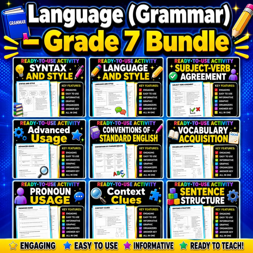 Grade 7 Language (Grammar) Lesson Bundle | CCSS ELA Conventions — bundle cover