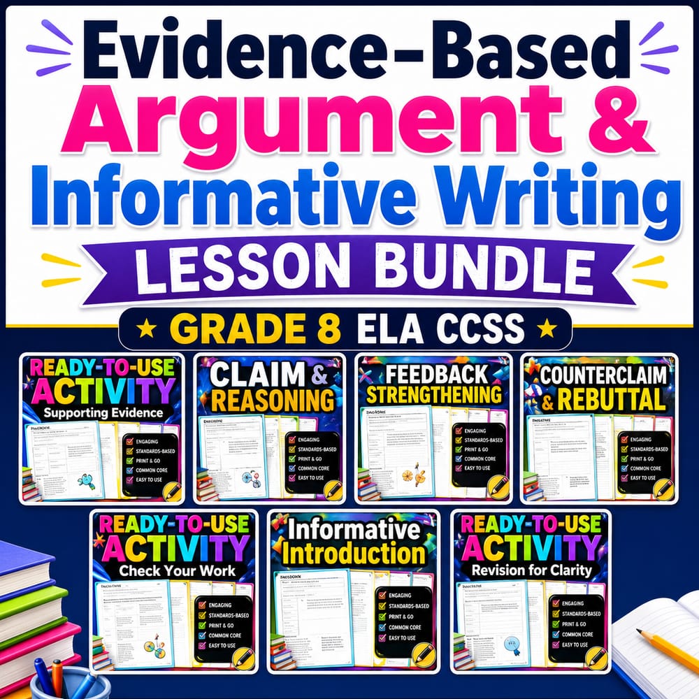 Evidence-Based Argument & Informative Writing Lesson Bundle | Grade 8 ELA CCSS — bundle cover