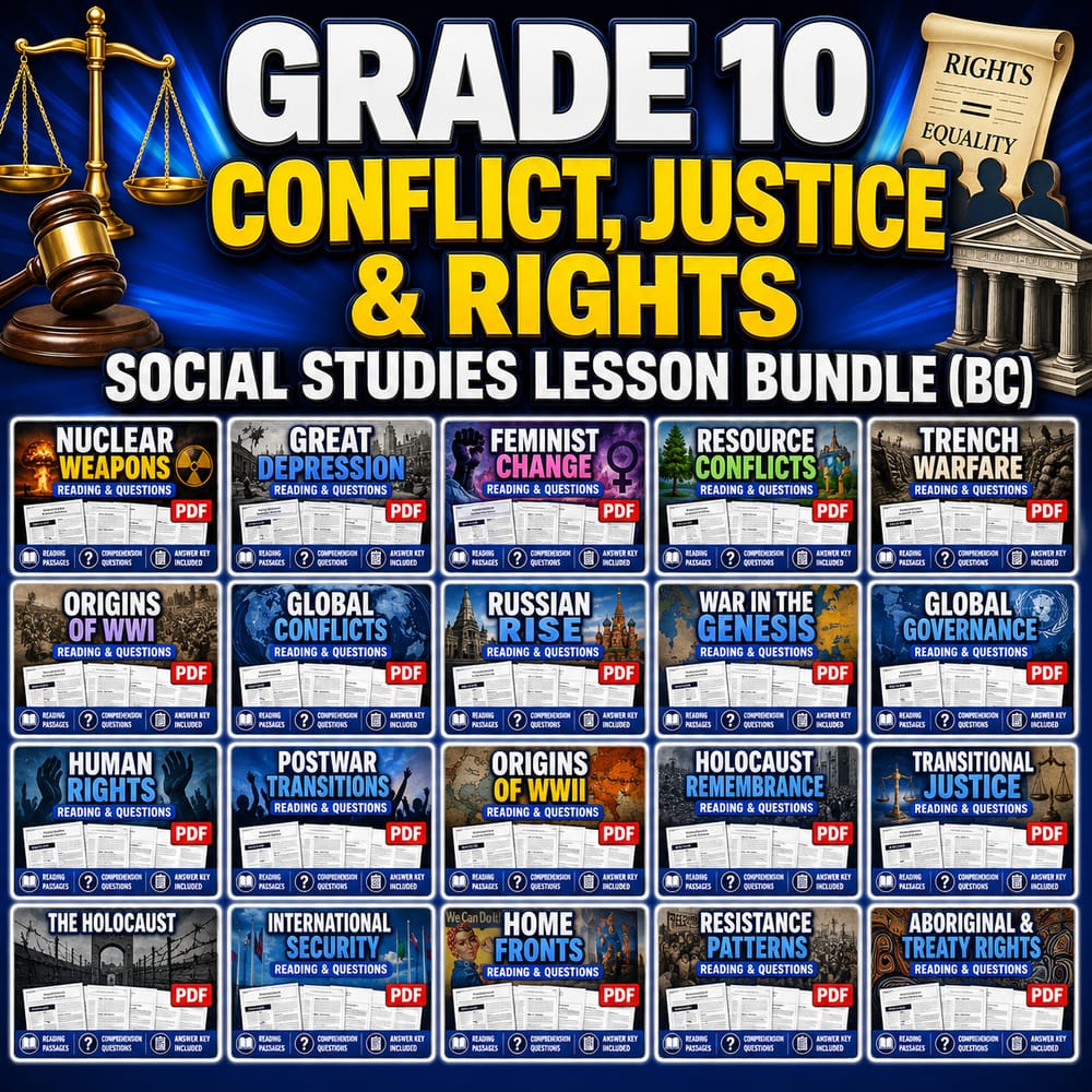 Grade 10 Conflict, Justice & Rights Social Studies Lesson Bundle (BC) — bundle cover