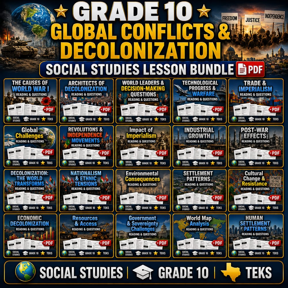 Grade 10 Global Conflicts Social Studies Full-Year Worksheet Bundle – TEKS — bundle cover