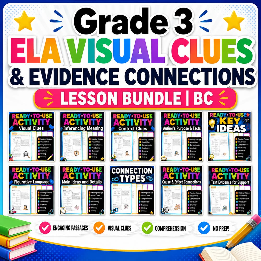 Grade 3 ELA Visual Clues & Evidence Connections Lesson Bundle | BC — bundle cover