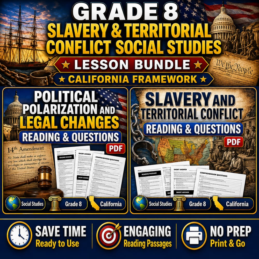 Grade 8 Slavery & Territorial Conflict Social Studies Lesson Bundle California — bundle cover